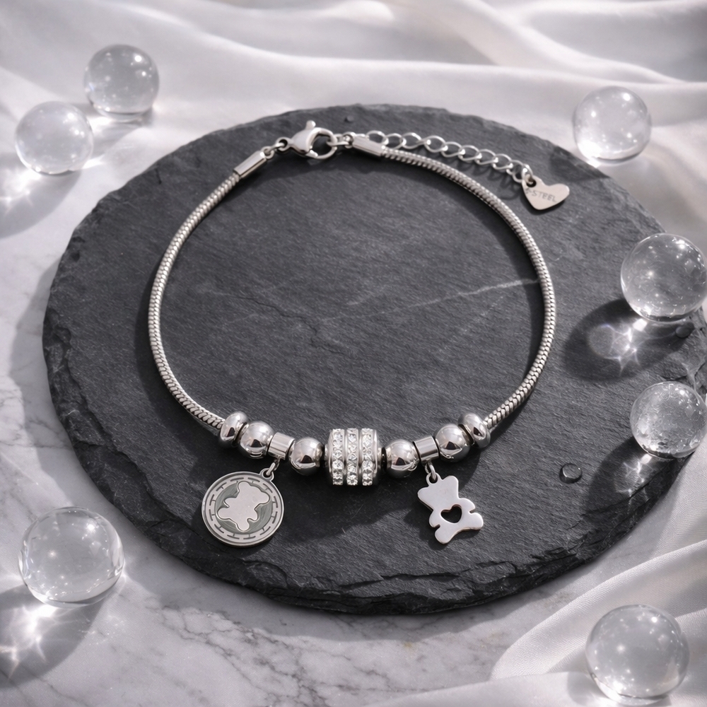 18K White Gold Plated Bear Charm Bracelet Rhinestone Beads Trendy Gift Jewelry - Picture 6 of 13